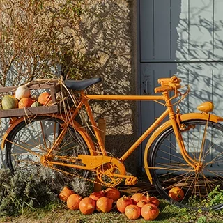Vélo ancien peint en orange décoré de citrouilles devant une maison bretonne à Meneham